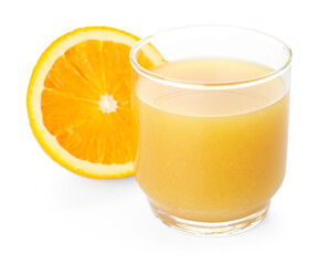 Fresh orange juice in glass and fruit slice isolated on white