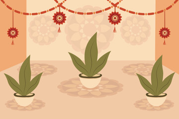 Indian Festival Room Interior Background Template Mandala Plants.