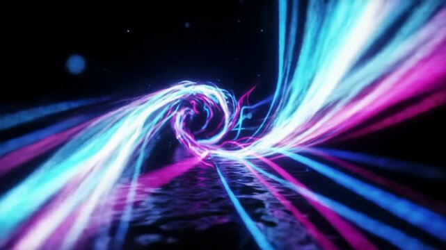 Abstract luminous light trails form a dynamic helix tunnel in vibrant magenta, blue, and cyan against a deep black void, emphasizing high-speed data flow concept