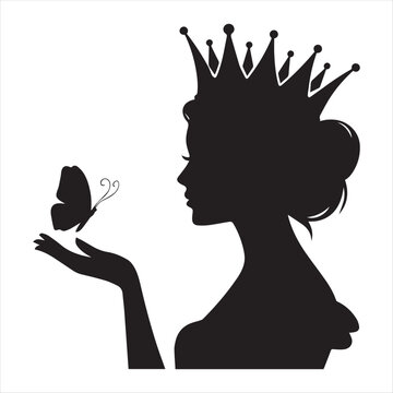 A crowned woman with a butterfly a striking black silhouette