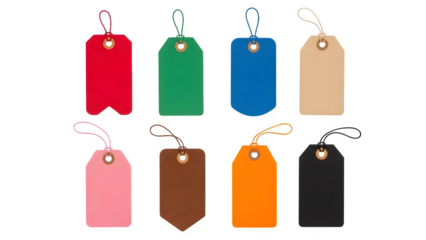 Collection of colorful price tags with metal loops hanging isolated design element for retail and marketing isolated on transparent background