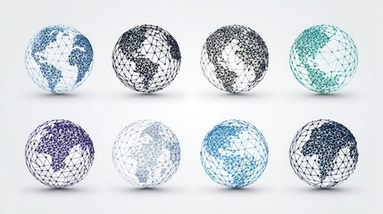 Eight interconnected spheres representing the globe's network, symbolizing globalization. Each sphere is a tapestry of lines and nodes that show digital interaction. 