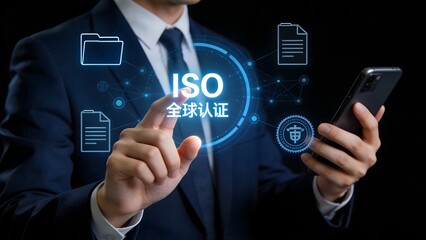 Businessman interacting with ISO certification hologram