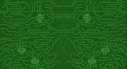 Green abstract circuit board background with symmetric electronic traces and microchips, symbolizing digital technology, computing systems, data processing, and modern electronics.