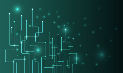 Abstract technology background with glowing circuit lines and nodes on a dark green backdrop, symbolizing digital networks, data connections, innovation, and futuristic communication.