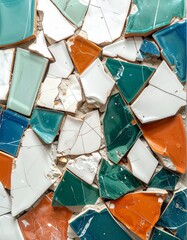 Colorful Broken Ceramic Tile Mosaic Against Concrete Wall Texture