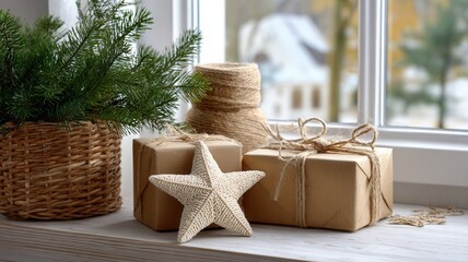 Wooden stars and natural wrapped gifts with pine branches creating a rustic festive a decoration by window holiday