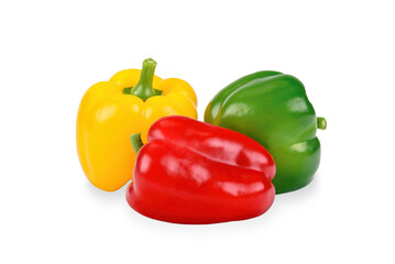 Three perfect bell peppers isolated on a transparent background in close-up.