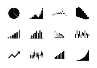 Graph icon set.Including Statistic and data, charts diagrams, money, down or up arrow. Silhouette vector illustration