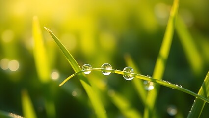 Morning dew glistens on tender grass blades, capturing the freshness of a spring day.