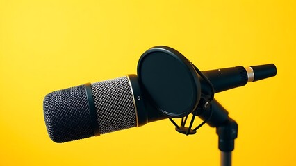 A studio microphone isolated on a bright yellow background, presented in a clean and minimalist product showcase.