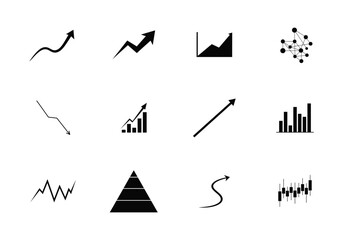 Graph icon set.Including Statistic and data, charts diagrams, money, down or up arrow. Silhouette vector illustration