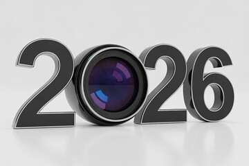 Photography 2026 concept with camera lens replacing zero in glossy black numbers