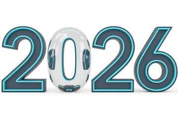 Tech 2026 futuristic digits with glowing neon elements and modern digital style