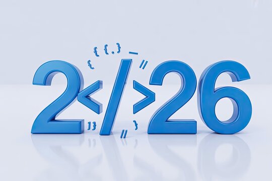 New Year 2026 coding concept with blue digits and programming symbols for tech celebrations