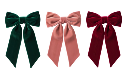 Collection of three elegant velvet ribbon bows in green pink and red isolated on transparent background