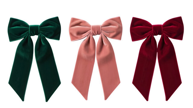 Collection of three elegant velvet ribbon bows in green pink and red isolated on transparent background