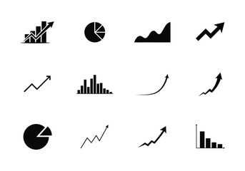 Graph icon set.Including Statistic and data, charts diagrams, money, down or up arrow. Silhouette vector illustration