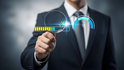 Businessman interacting with a futuristic digital interface displaying data and analytics concepts