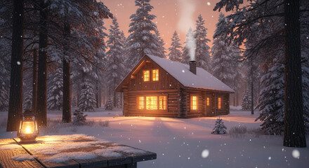 Snowy log cabin with lit windows in a pine forest at dusk, smoke from chimney, lit lantern on table, suggesting warmth, peaceful winter retreat, holiday spirit