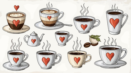 Watercolor illustration of various coffee cups with heart shapes for valentine s day