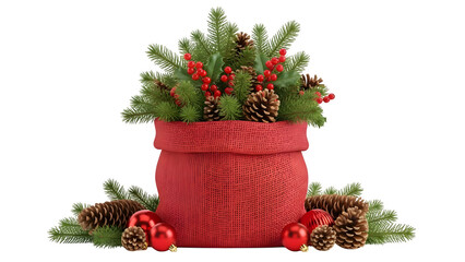 Festive red santa sack overflowing with lush evergreen branches and pinecones holiday decor isolated on transparent background
