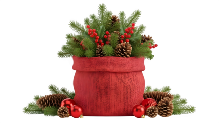 Festive red santa sack overflowing with lush evergreen branches and pinecones holiday decor isolated on transparent background