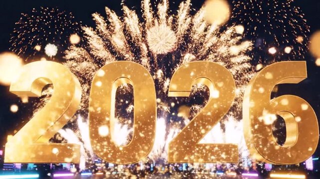 Festive Wooden Block &ldquo;2025 to 2026&rdquo; Transition Animation Hand Rotating Final Block, Colorful Shimmering Fireworks, Twinkling Bokeh Lights, Reflective Surface, Warm Joyful High-Resolution New Year Sc