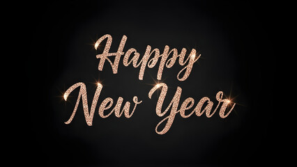 Glittery rose gold script text happy new year glowing on a black background for holiday celebration and greeting card design