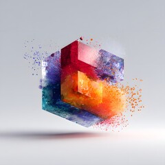 Abstract 3D geometric form with exploding color particles
