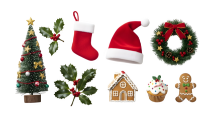 Festive christmas decorations collection including tree stocking wreath gingerbread house and ornaments isolated on transparent background