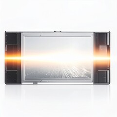 Fototapeta premium Modern Digital Screen Display with Bright Orange Light Beams on White Background