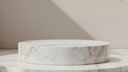 Stacked white marble cylindrical podiums for product display with subtle gold veins, placed on a matching reflective surface with soft side lighting and shadows