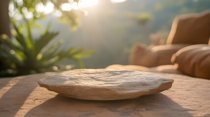 Natural stone podium product display against a serene outdoor backdrop with lush greenery and warm sunlight, showcasing organic beauty and peaceful ambiance for presentations