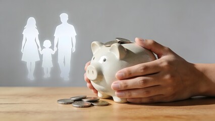 Hand holding piggy bank with family silhouette
