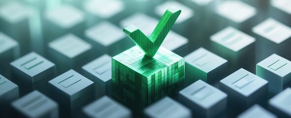Green checkmark symbol on a glowing cube representing success and approval among many options concept for decision making and choice