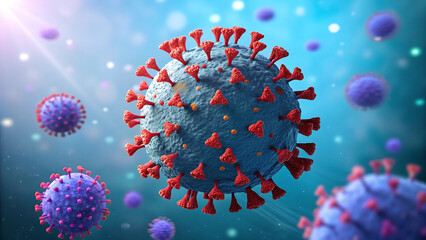 Detailed microscopic view of a coronavirus particle with red spikes against a blurred blue and purple background illustrating disease