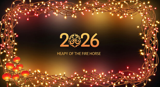 Frame of light string with lanterns, surrounding '2026', symbolizing festive celebration, New Year. Free space for text, ad. - Powered by Adobe