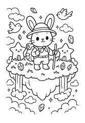 Kawaii Fantasy Animal Coloring Page, Cute Cartoon Line Art, Coloring Book, Vector Illustration