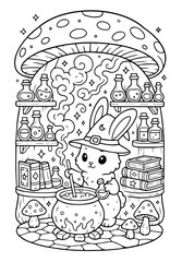 Kawaii Fantasy Animal Coloring Page, Cute Cartoon Line Art, Coloring Book, Vector Illustration