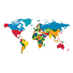 Fototapeta premium Detailed political world map featuring distinct colorful countries and continents, global travel concept.