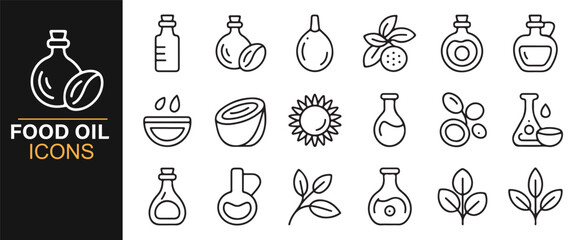 Simple outline graphics of cooking oils, natural ingredients, and plant-based extraction symbols