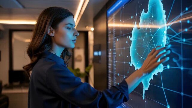 Woman Touching Interactive Digital World Map, Global Network and Technology Interface
