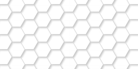 Abstract paper hexagon geometric creative mosaic. white hexagon technology. vector grid honeycomb soccer hexagonal cell structure tile mess. emboss bee background.	
