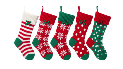 Festive collection of colorful christmas stockings hanging in a row perfect for holiday decorations isolated on transparent background