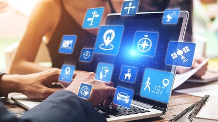 GPS icons show navigation, GPS tracking, and location. GPS supports real time maps, direction, and GPS navigation services for mobility and transport. Gist