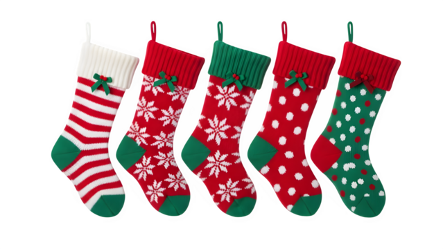 Festive collection of colorful christmas stockings hanging in a row perfect for holiday decorations isolated on transparent background - Powered by Adobe