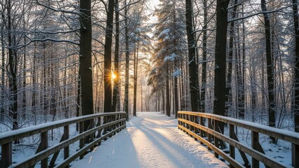 Snow-covered wooden bridge in serene winter forest with sunlight streaming through trees