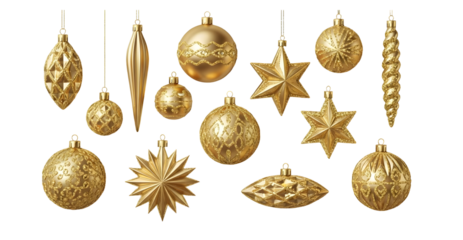Collection of golden christmas ornaments hanging isolated on transparent background