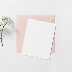 A minimalist flat lay featuring a blank white card, a pink envelope, and a delicate flower on a textured white surface.